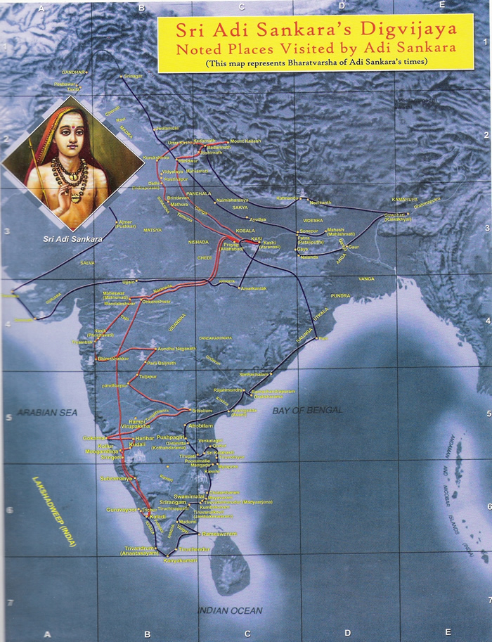 Map showing places visited by Adi Sankara